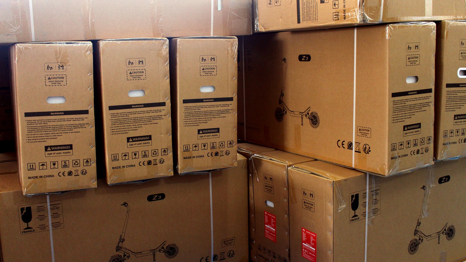 Fasir electric scooter cartons prepared for warehouse delivery